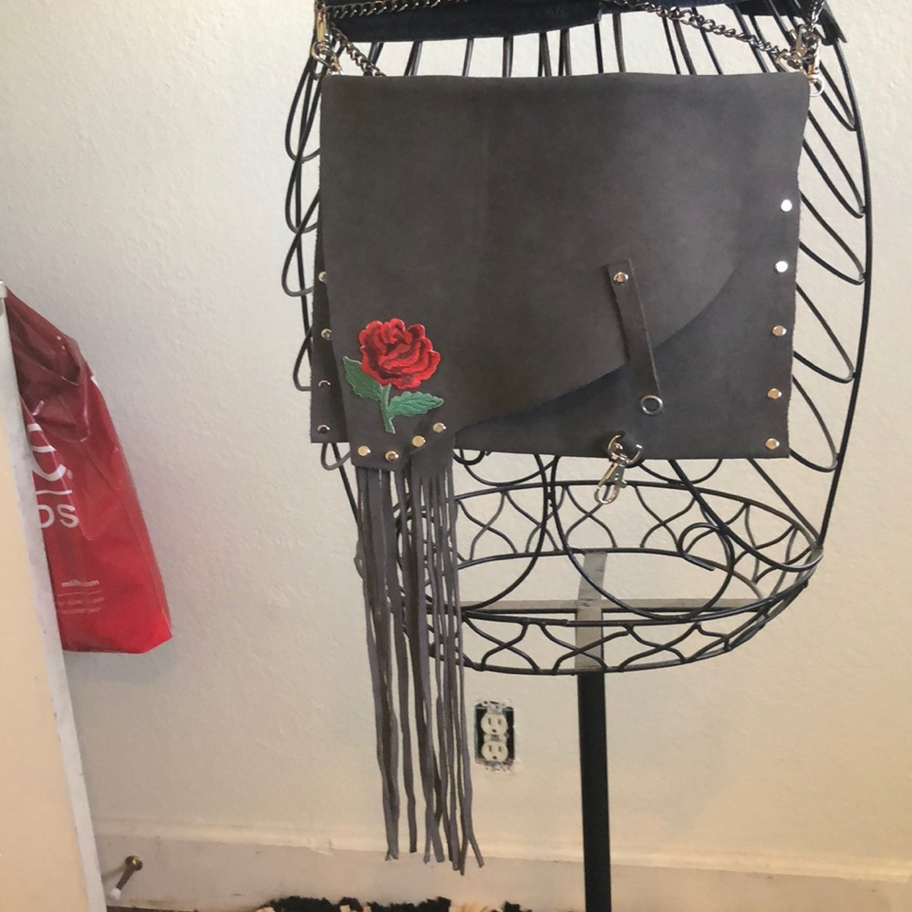 Grey leather rose purse fringe